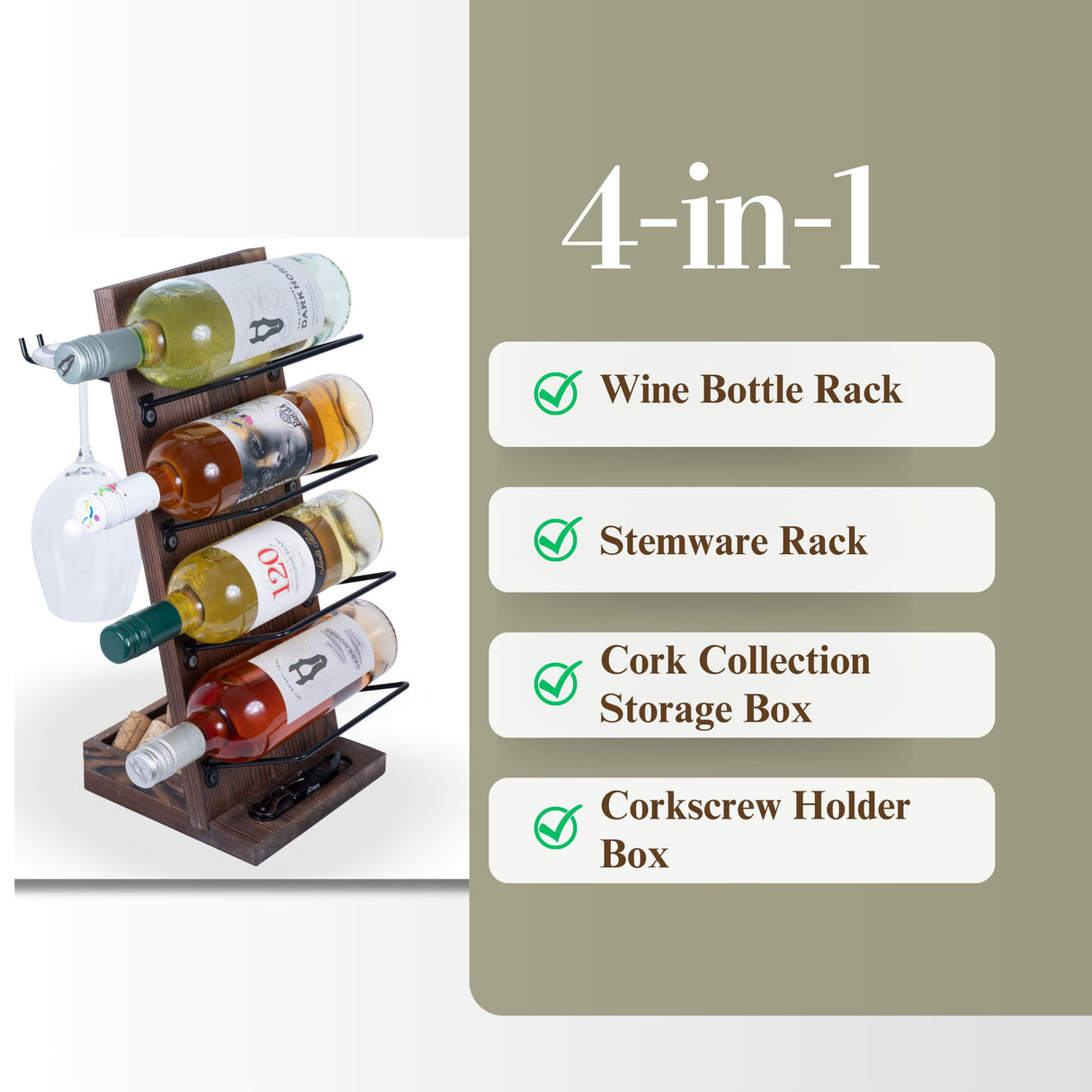 Rustic State Rueda Tabletop Wine Rack for 4 Bottles with 2 Stemware Glass Holder and Cork Storage Countertop Tray Freestanding Bar Organizer, Walnut Rustic State