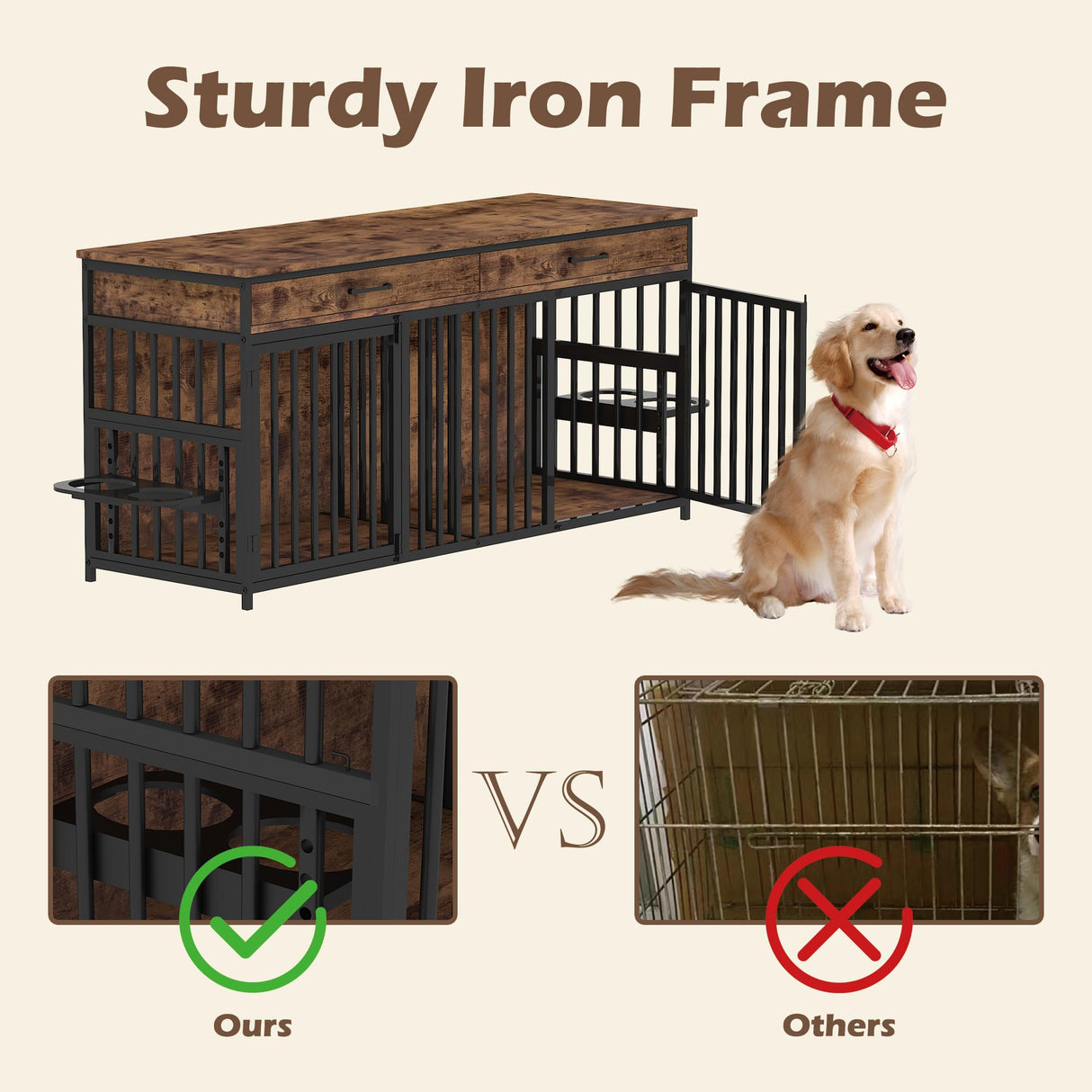 NEOCOZY Double Dog Crate Furniture, Indoor Large Heavy Duty, 72x24x36 inch Dog Crate Furniture for 2 Dogs with Bowl Stand NEOCOZY
