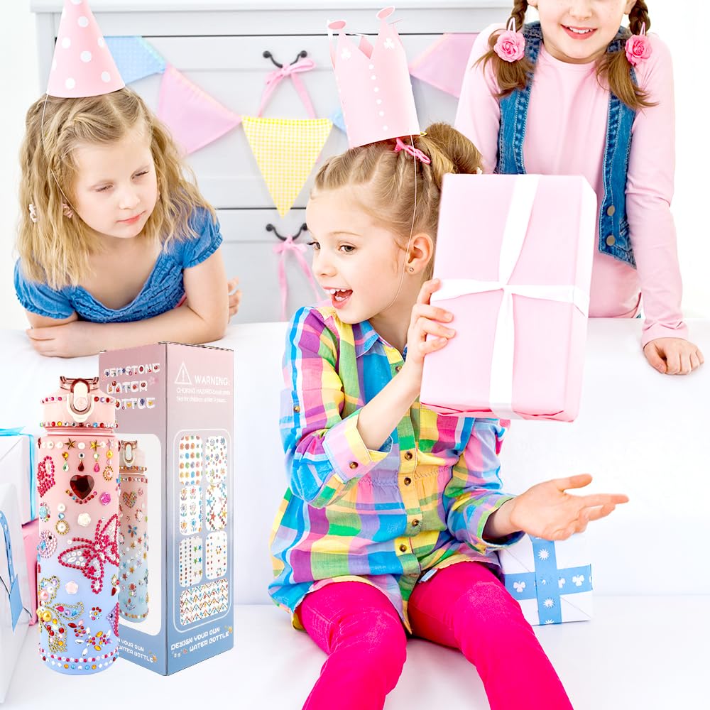 Decorate Your Own Water Bottle Kits for Girls, Birthday Gift for Girls, 4-12 Year Old Girl Gifts, Girls Water Bottle and DIY Gem Stickers with Crafts Kits for Girls, Valentines Easter Gift for Girls Liwidon