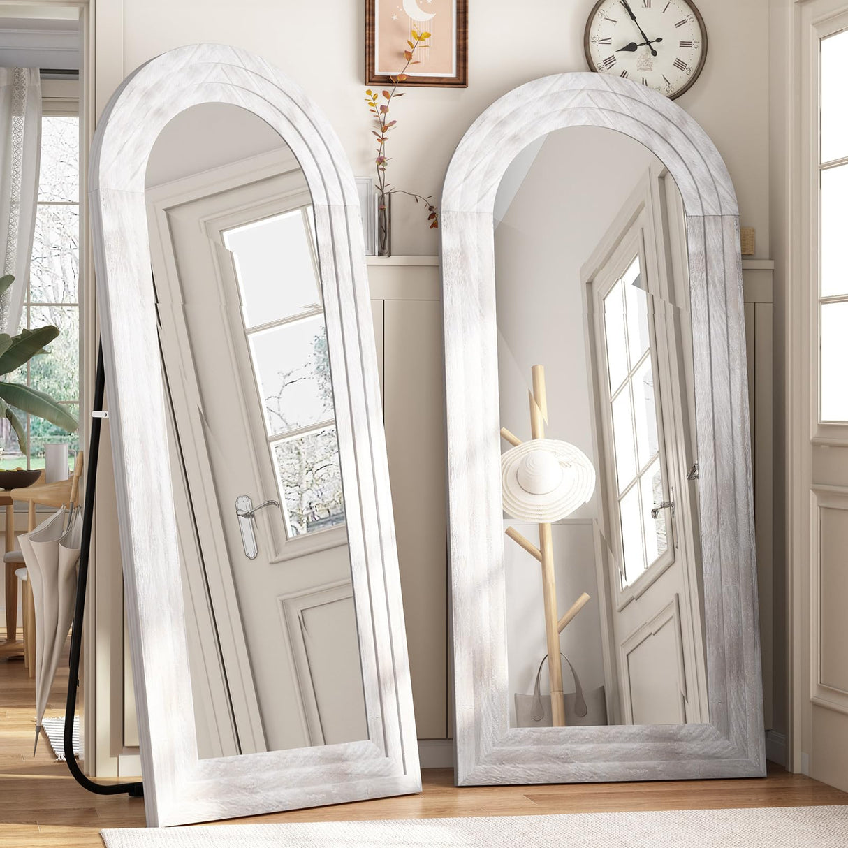 ZHUNFA Arched Full Length Mirror with Solid Wood Frame, 65x22 Farmhouse Wall Mirror Full Length with Stand, Vertical Hanging, Leaning Standing for Bedroom, Living Room, Rustic White ZHUNFA