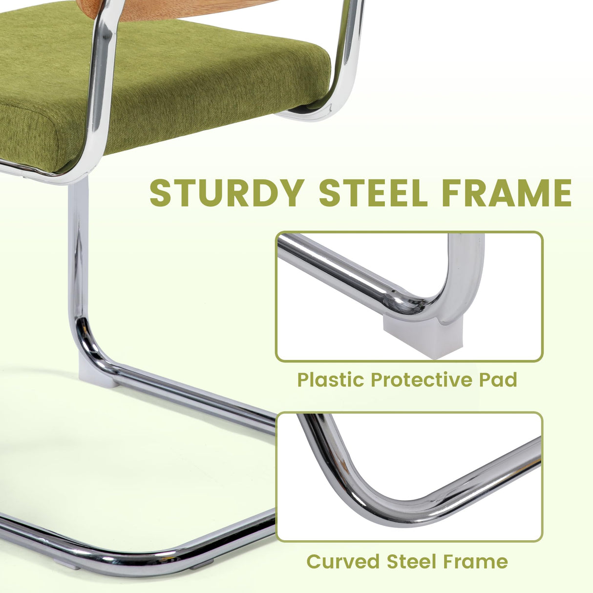 KROFEM Modern Cesca Cane Dining Chairs, Set of 2, Handwoven Rattan Cane Back, Chrome Base, Upholstered Cotton Seat, Ideal for Kitchen or Dining Room, Green KROFEM