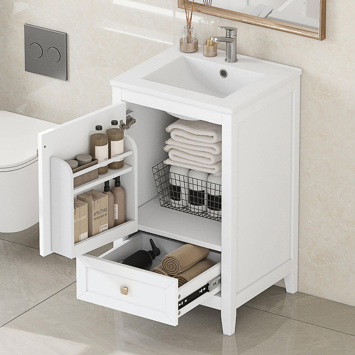 20" Bathroom Vanities with Ceramic Sink, Storage Rack Shelf and One Drawer, Solid Wood & MDF Board, White Merax