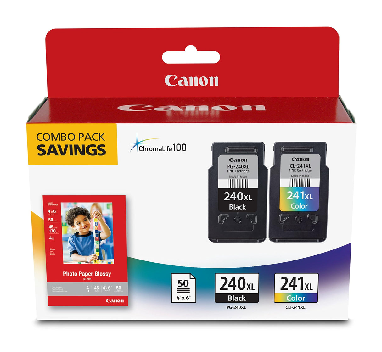 Canon PG-240 XL / CL-241 XL Genuine Ink Value Pack (2 Cartridges) with 50-Sheet Photo Paper, Compatible with MG2120/3120/4120/2220/3220/4220/3520/3620, MX372/392/432/452/472/512/522/532, TS5120 Canon