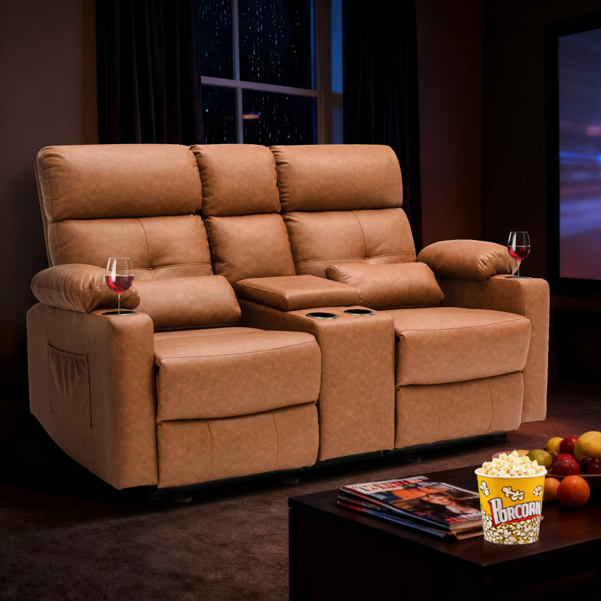 RIHEREFY 68'' RV Loveseat Recliner Sofa| RV Power Reclining Loveseat with Console & Cup Holder | RV Double Recliner Sofa | RV Theater Seating Loveseat(PU, Brown) RIHEREFY