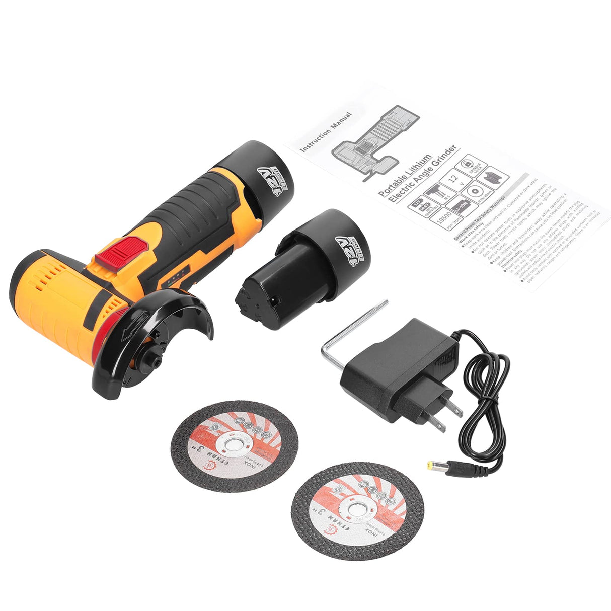 Angle Grinder, Geevorks Electric Grinding Tool 19500RPM, Mini Grinder Handheld Cutter for Cutting Polishing Ceramic Tile Wood Stone Steel, with 2 Cutting Disc/2PCS 1200mAh Battery, Yellow Geevorks