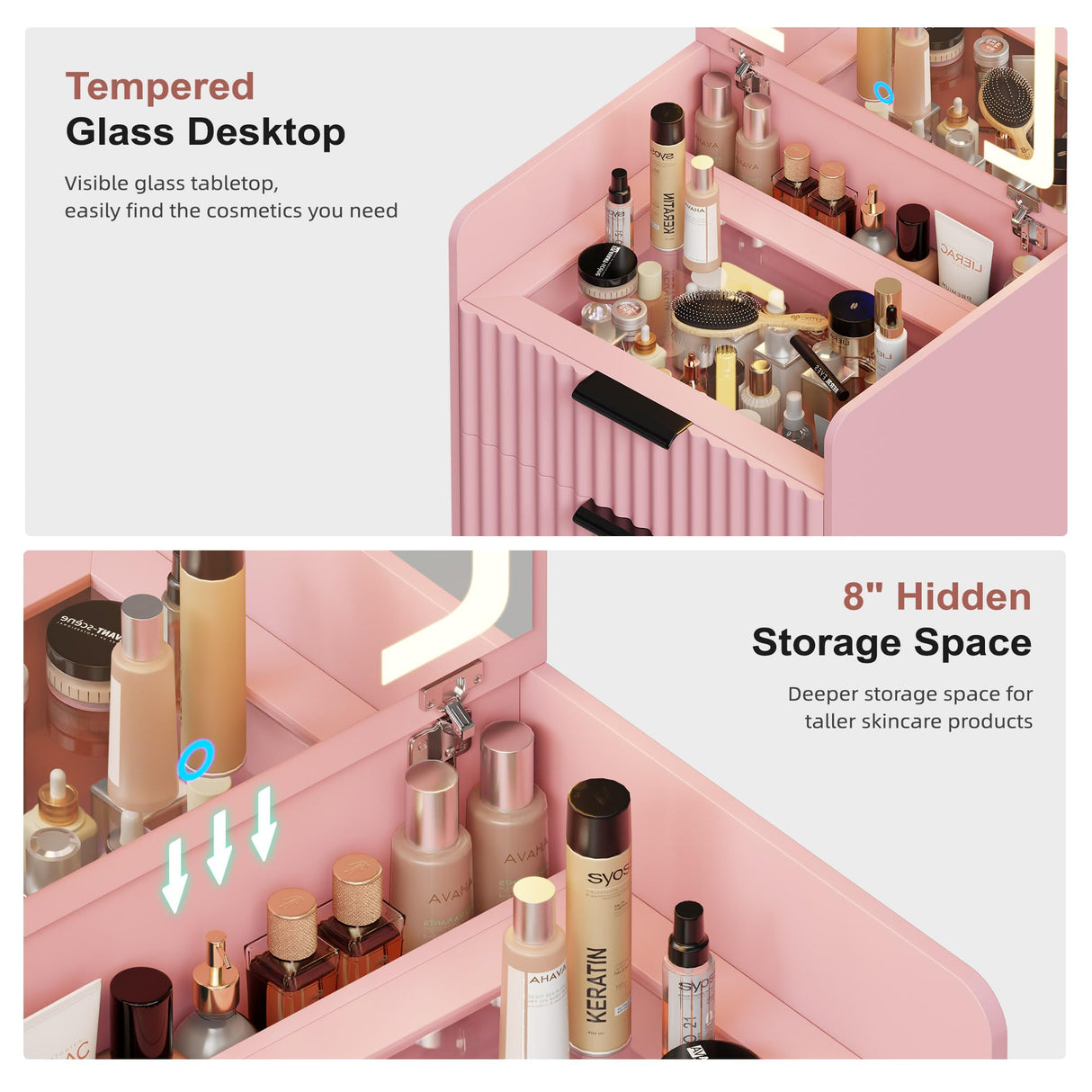 Lvifur 3 in 1 Small Vanity Desk with Plip Top Mirror,Makeup Vanity Set with Visible Glass Desktop,Compact Vanity with 3 Drawers,Storage Compartment and Padded Stool,Dressing Table for Bedroom,Pink Lvifur