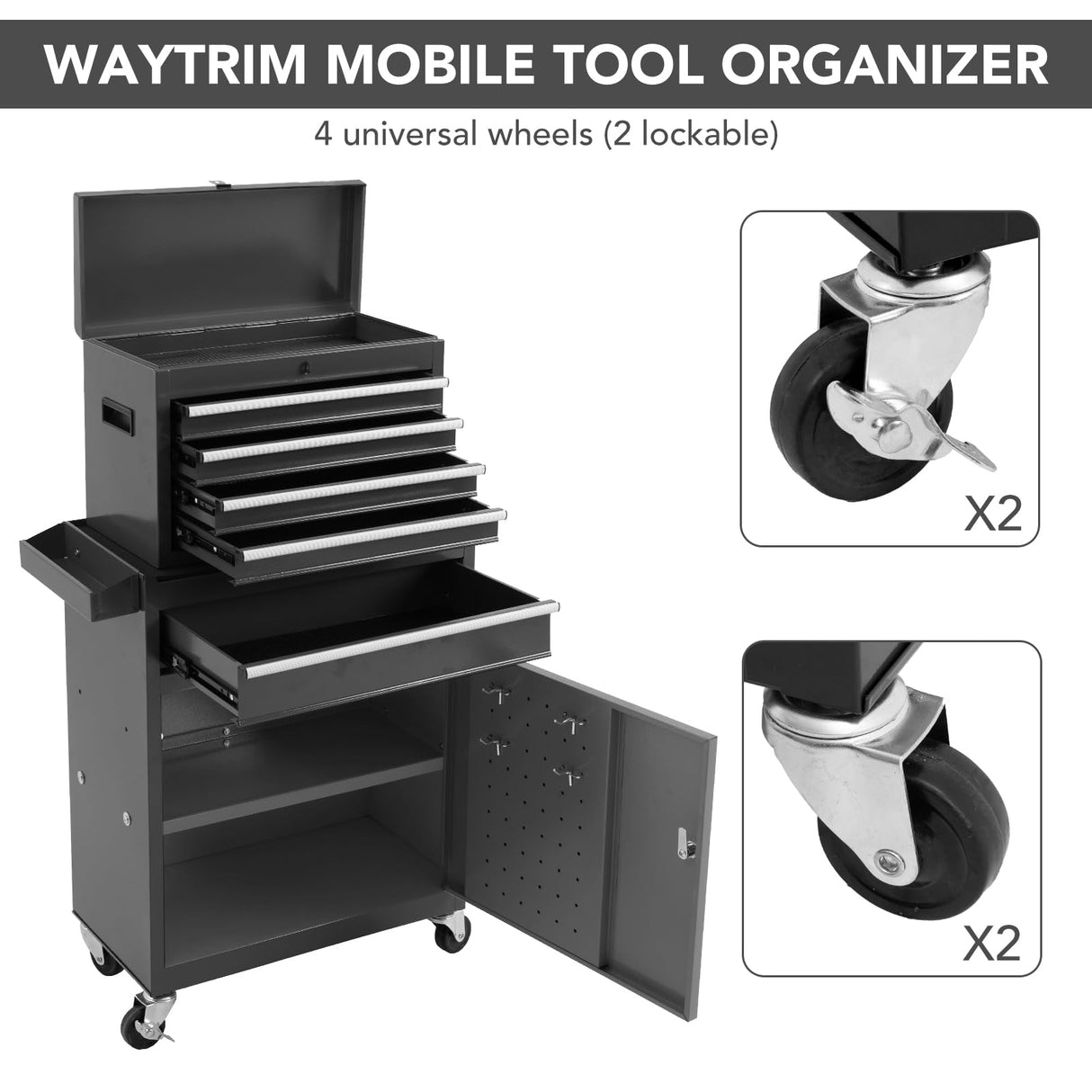 WAYTRIM 5-Drawer Rolling Tool Chest, Removable Tool Cabinet Box with Wheels and Drawers, Tool Cabinet Storage Box, Adjustable Shelf, Portable with Wheels and Lock for Warehouse, Repair Shop (Black) WAYTRIM