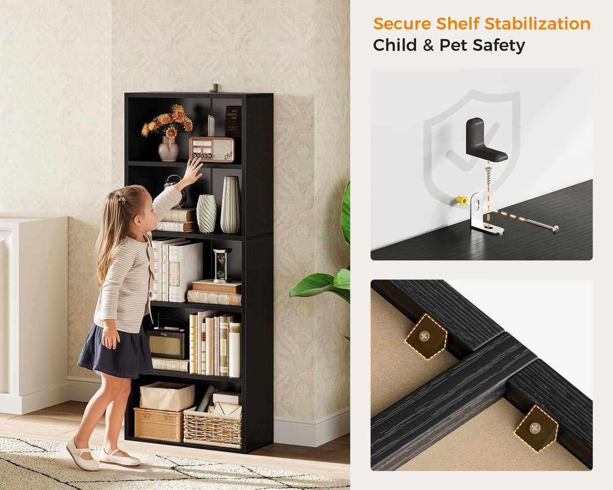 Casaottima 5-Tier Open Bookshelf and Bookcase, Floor Standing Display Storage Shelves for Living Room, Tall Book Shelf for Bedroom, Home Office, Dining Room, Black Casaottima