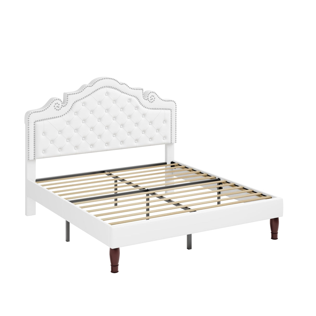 Allewie Queen Bed Frame with Adjustable Velvet Tiara Headboard, Upholstered Diamond Button Tufted Platform Bed, Wood Slats Support, No Box Spring Needed, Mattress Foundation, Easy Assembly, White Allewie