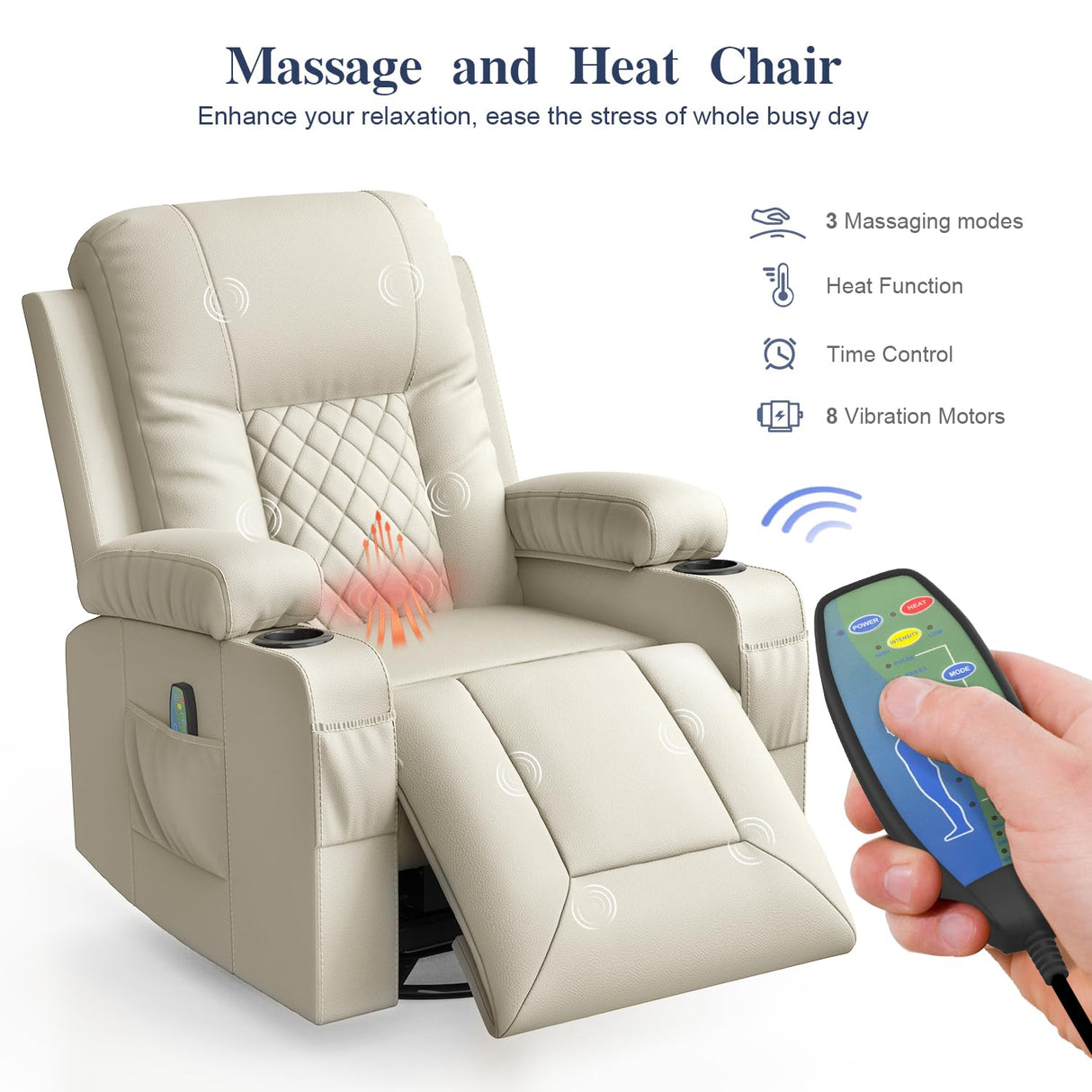 FURNIMAT Recliner Chairs for Adults, Massage Rocker with Heated Modern Ergonomic Lounge 360 Degree Swivel Single Sofa Seat Living Room Lounge Recliners Ivory White FURNIMAT