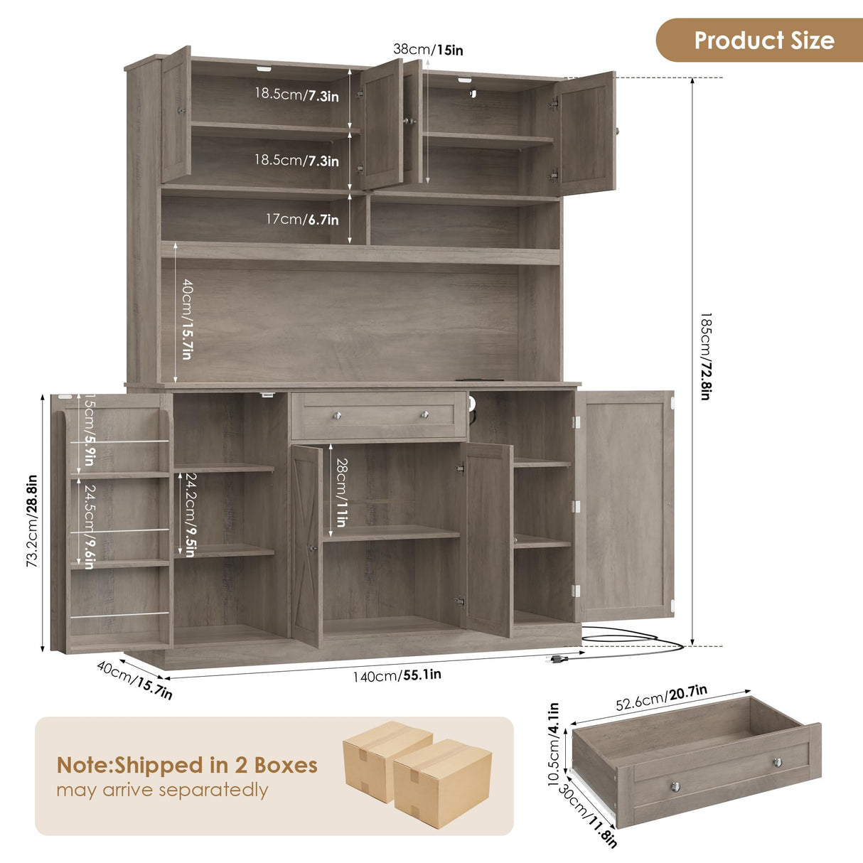HIFIT 72.8” Tall Kitchen Pantry Cabinet with LED & Charging Station, 55” Wide Farmhouse Pantry Storage Cabinet with Microwave Stand&Shelves&Barn Doors, Kitchen Hutch Coffee Bar for Living Room, Grey HIFIT