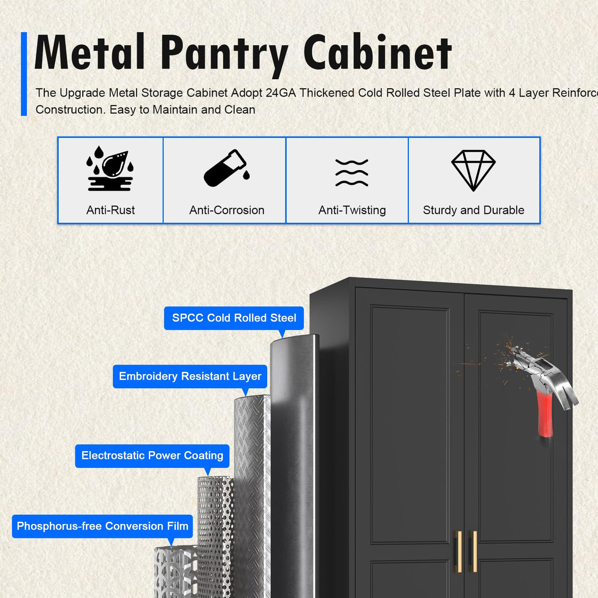 Pantry Cabinet, 71 Inch Tall Kitchen Storage Cabinet, Metal Pantry Cabinet with Doors and Adjustable Shelves, Black Food Cupboard Freestanding Cabinet for Living&Dinning Room-Assembly Required Polup