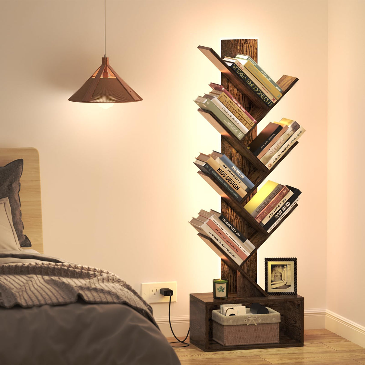 Yoobure Tree Bookshelf with LED Light, 6 Tier Book Shelf, Small Bookcase Narrow Bookshelves with Storage, Wood Book Case Organizer for CDs/Books, Floor-Standing Rack for Bedroom, Office, Rustic Brown Yoobure