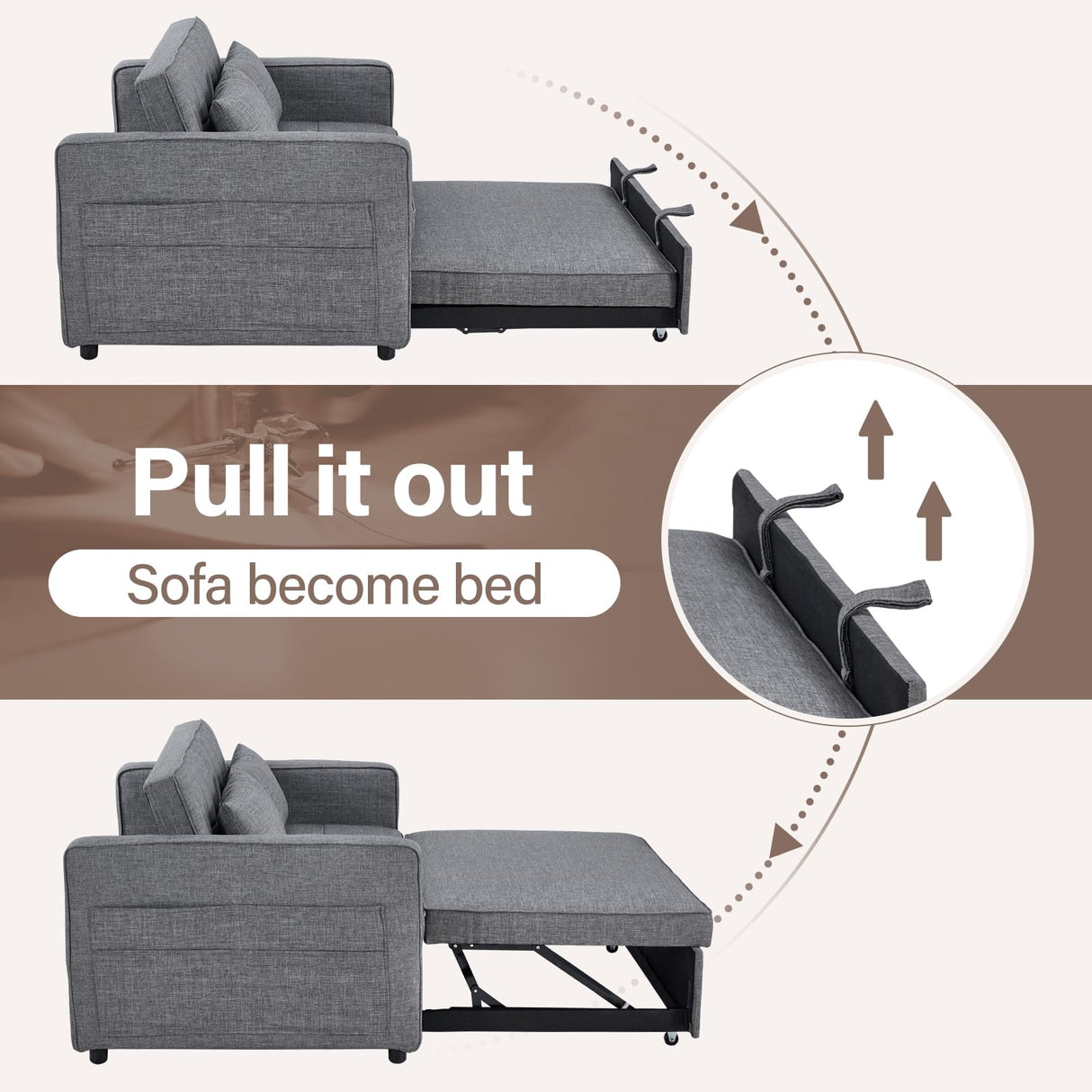 HAOMARKETS 3 in 1 Convertible Sleeper Sofa Bed, Loveseat Chaise Lounge with Pullout Bed, 2-Seater Futon Couches with Storage Pockets, 3-Level Adjustable Backrest and Pillows for Living Room,Grey HAOMARKETS