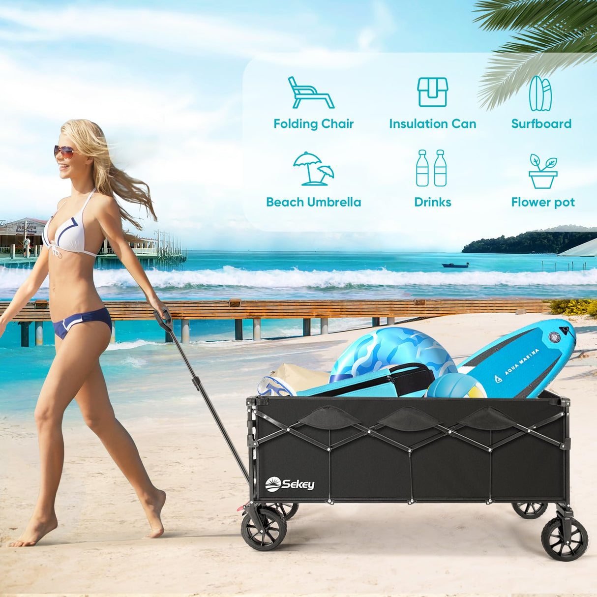 Sekey 43'' Extended Collapsible Wagon 400L Large Capacity, 440LBS Heavy Duty Folding Utility Garden Cart with All-Terrain Wheels for Camping, Sports, Shopping.Black Sekey