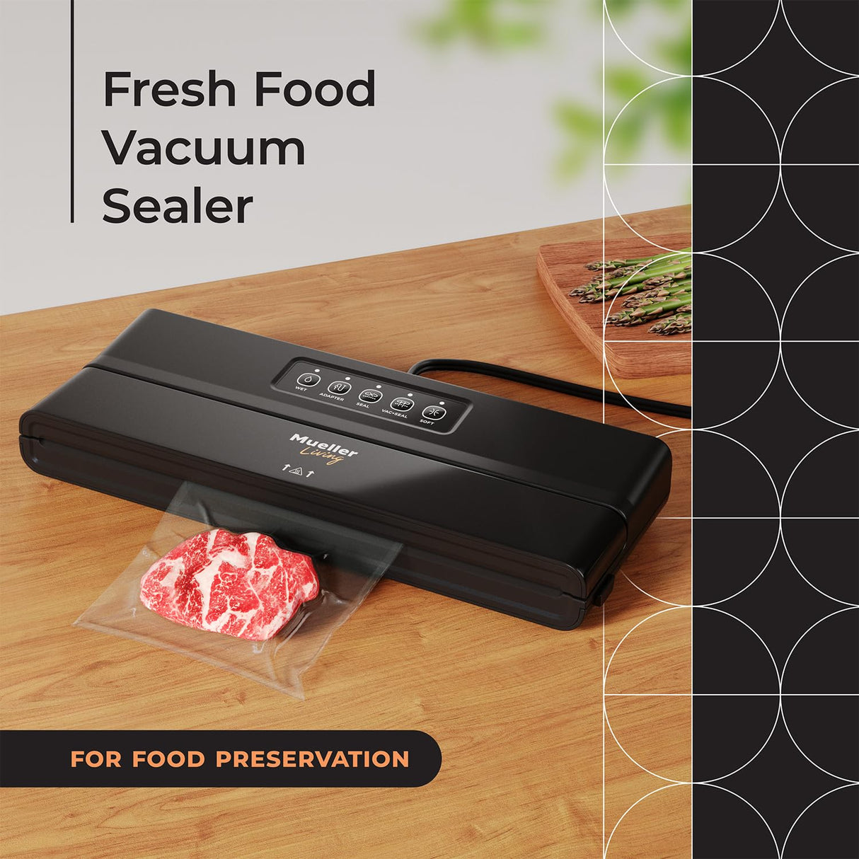 MuellerLiving Vacuum Sealer Machine, Compact Vacuum Sealer Kit with Bags/Roll, LED Light Indicators, Preserve, Marinate, Sous Vide, Black Mueller