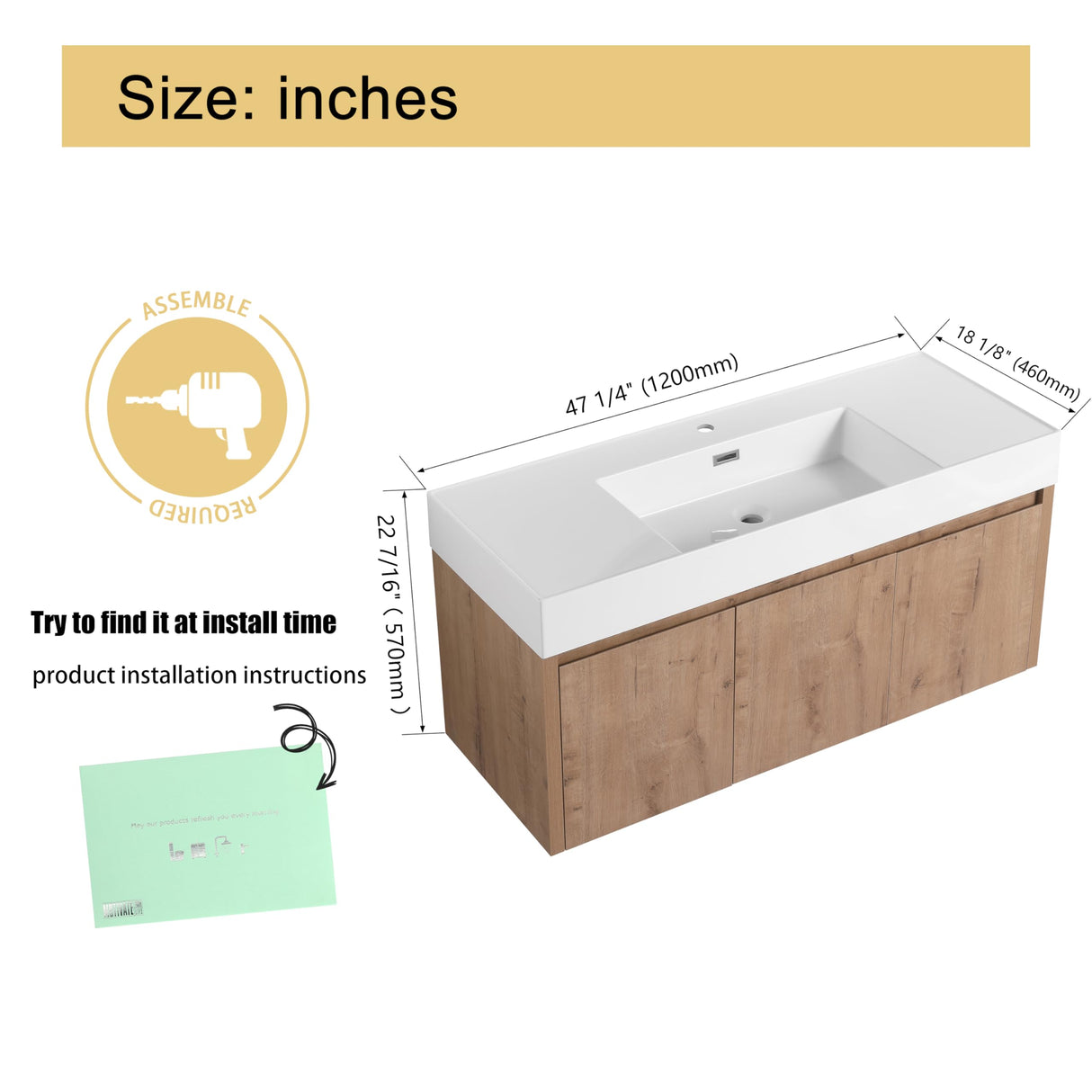 Malwee 48 Inch Floating Bathroom Vanity with Sink, 48'' Single Sink Wall Mounted Bathroom Vanity, with 2 Doors and White Resin Basin Sink Top (035-48) Malwee