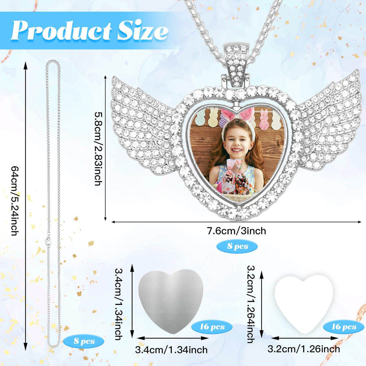 ZYNERY 48 Pcs Sublimation Rhinestone Trays Pendant Set, Sublimation Necklace Blank with Chain, Includes 8 Double Sided Blank Rhinestone Bezel Trays, 8 Chains, 16 Sublimation Discs, 16 Tapes (Wings) ZYNERY