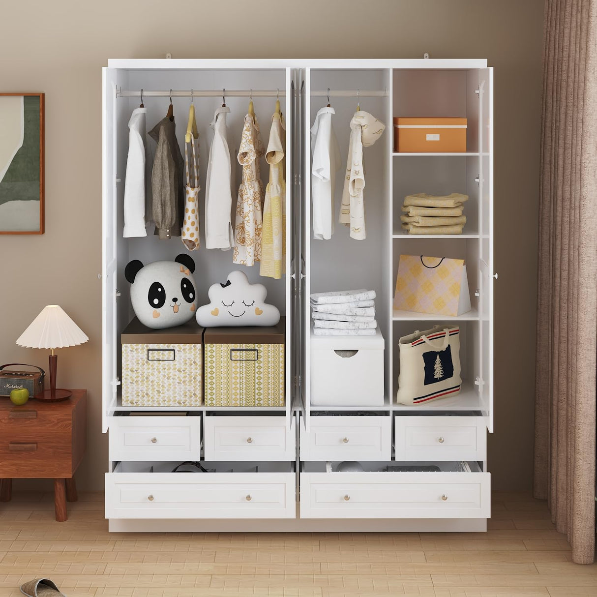 Homsee 4 Doors Armoire Wardrobe Closet with Mirror, Hanging Rod& 6 Drawers, Bedroom Armoires Cabinet with 4 Tier Adjustable Shelves, White (63”W x 19.7”D x 78.7”H) Homsee