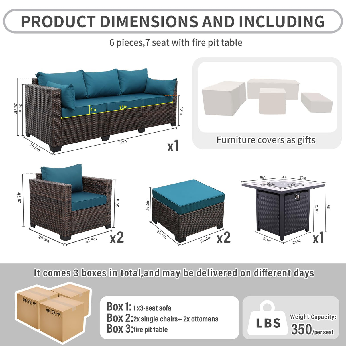 Valita 6 PCS Patio Furniture Set Outdoor Sectional Wicker Conversation Couch Brown Rattan Sofa Chairs with Ottoman 50,000BTU Adjustable Fire Pit Table and Peacock Blue Anti-Slip Cushions Valita