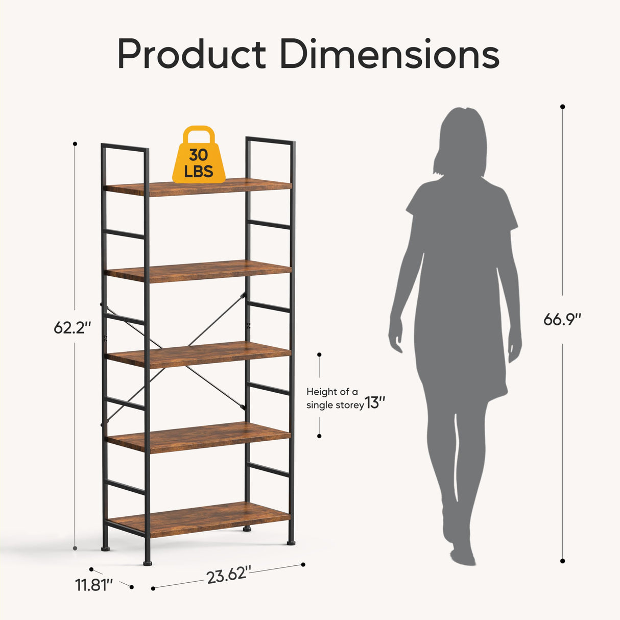 HealSmart 5 Tier Bookshelf, Free Standing Book Shelf Home Office Bookcase Shelf Storage Organizer for Bedroom, Living Room, Bathroom, Office, Balcony, Rustic Brown HealSmart