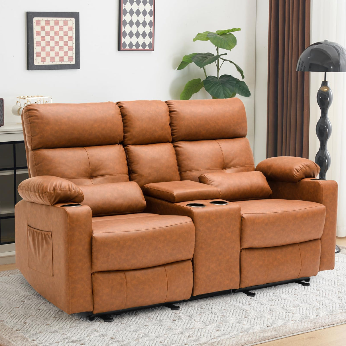 PALLOME Power Loveseat Recliner Sofa with Console, Loveseat Reclining Sofa with Heat & Massage, Home Theater Seating with Lumbar Pillow for Living Room, RV Recliner Loveseat(PU, Yellowish Brown) PALLOME