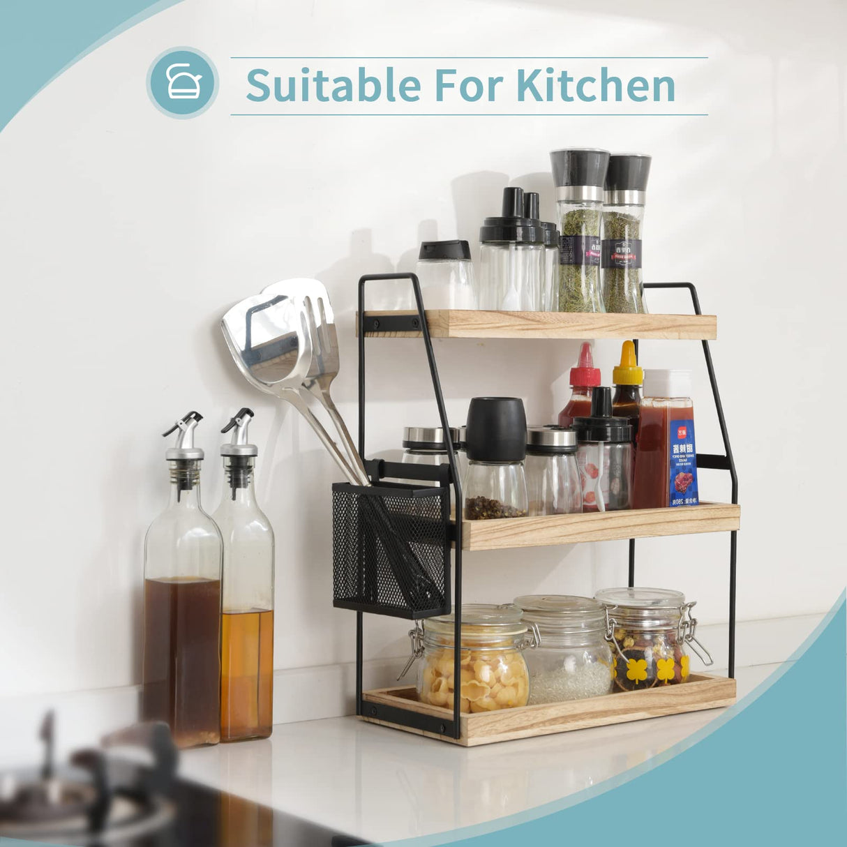 Bathroom Counter Organizer, 3-Tier Standing Storage Shelf with Basket, Wood Tray for Skincare Vanity Organizer Uneviesyka