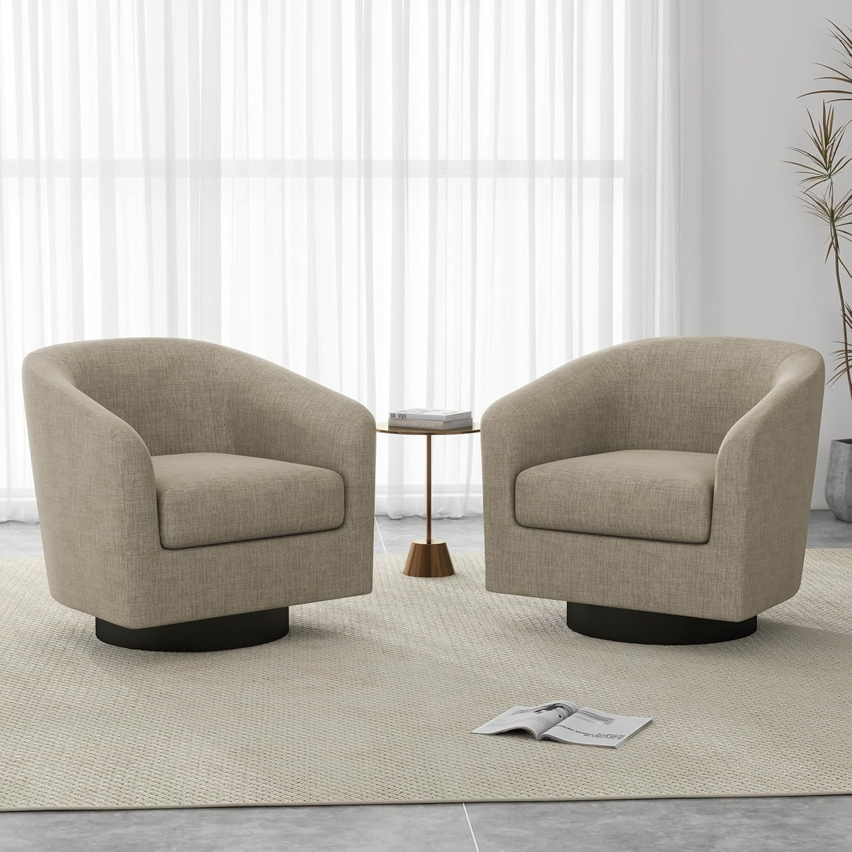 UIXE Swivel Accent Chairs Set of 2, Barrel Club Chair Upholstered Armchair in Fabric for Living Room, Round Arm Chair Bedroom Single Sofa Reading Seat - Light Brown UIXE