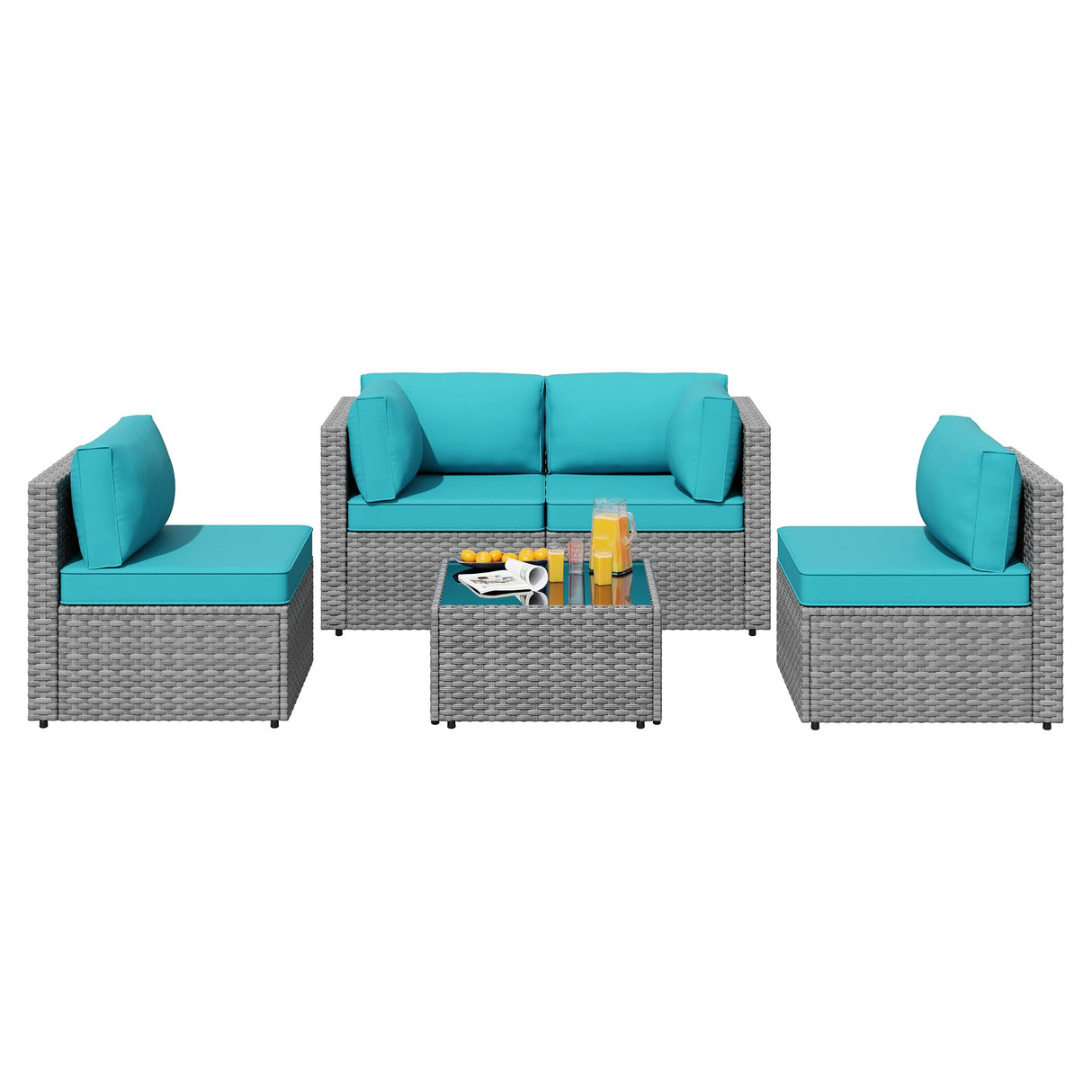 SUNLEI 5pcs Patio Outdoor Furniture Sets Conversation Set,Low Back All-Weather Rattan Sectional Sofa with Tea Table&Washable Couch Cushions(Silver Rattan) (Sky Blue) SUNLEI