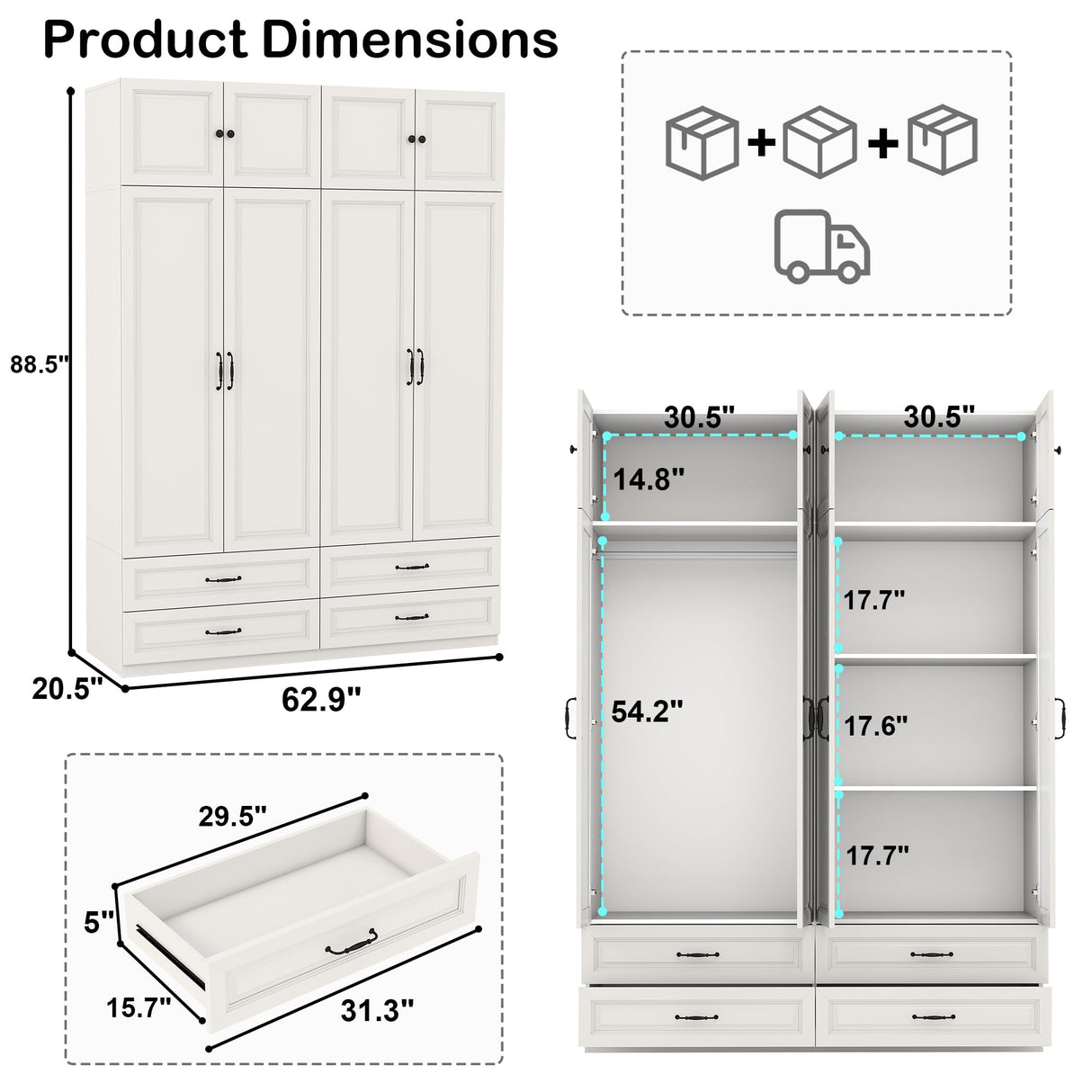 Mhsatyrs Armoire Wardrobe Closet with 4 Drawers: 88" White Bedroom Closet, Wood Wardrobe Closets with 4 Doors, Tall Armoire Cabinet and Storage Shelves for Clothing (63") Mhsatyrs