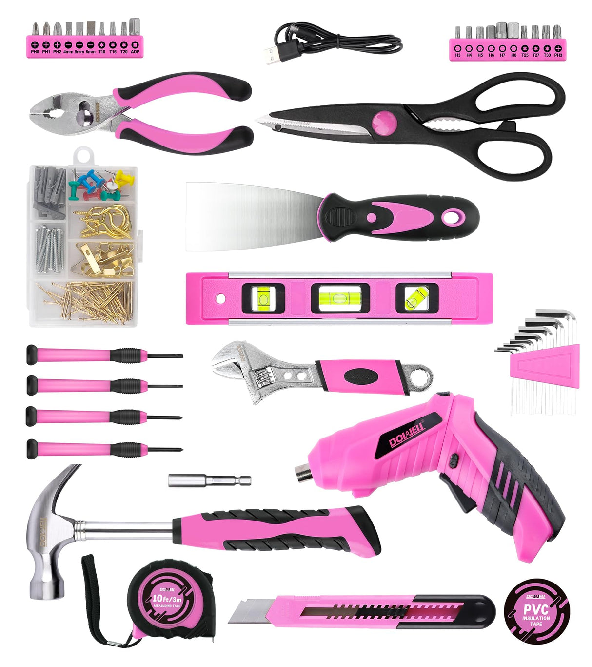 143 Pcs Pink Homeowner Tool Set with 3.6V Cordless Screwdriver General Household Hand Tool Kit with Plastic Tool box Storage Case for Women,Men DOWELL