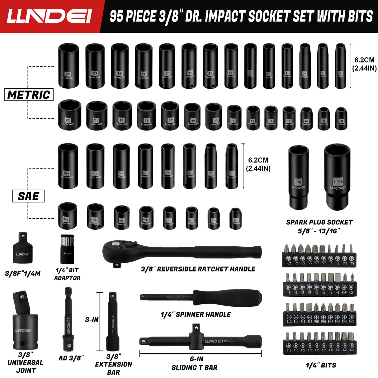 LLNDEI 3/8”Drive Impact Socket Set,Standard SAE(5/16 to 3/4-Inch) Metric Size(8-22mm), 95 Piece, CR-V Steel Deep&Shallow Kit, Adapters, Ratchet Handle, Screwdriver Bit Set, Spark Plug Socket, 6 Point LLNDEI