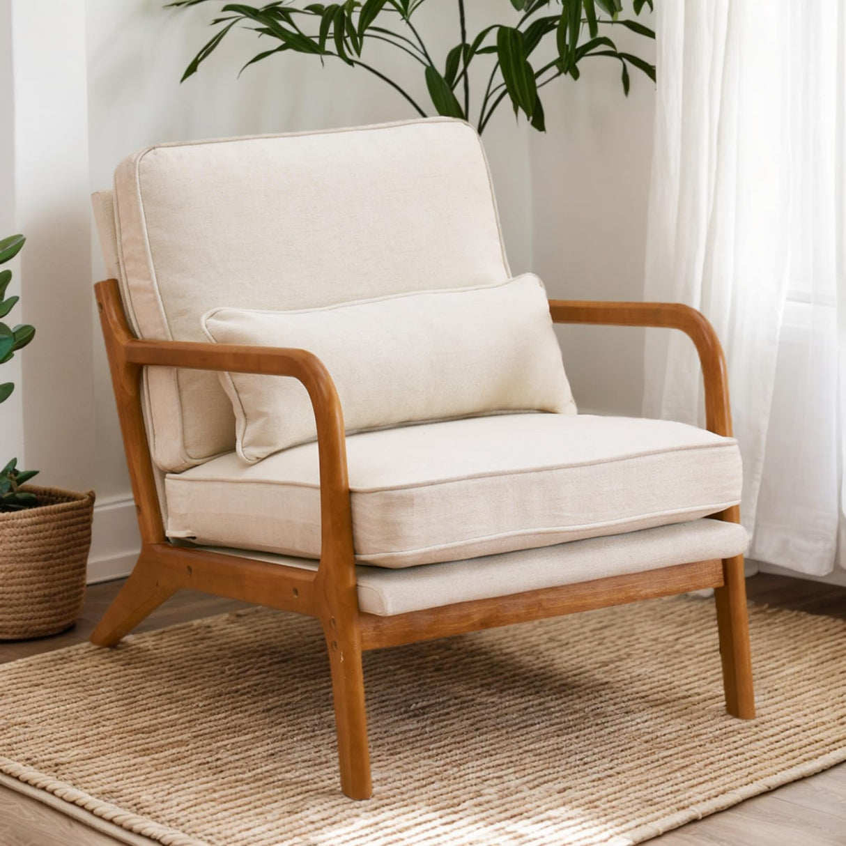 Karl home Accent Chair Mid-Century Modern Chair with Pillow Upholstered Lounge Arm Chair with Solid Wood Frame & Soft Cushion for Living Room, Bedroom, Balcony, Beige (Low Back) Karl home