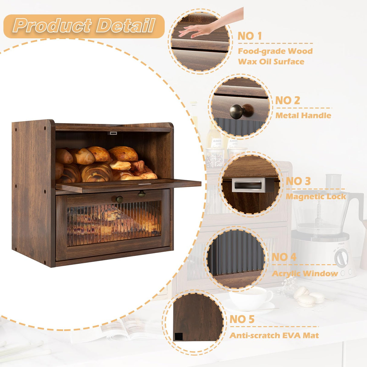 Alpeir Double Layer Large Bread Box for Kitchen Counter, Wooden Corner Bread Storage Container with Acrylic Window, Retro Brown Alpeir