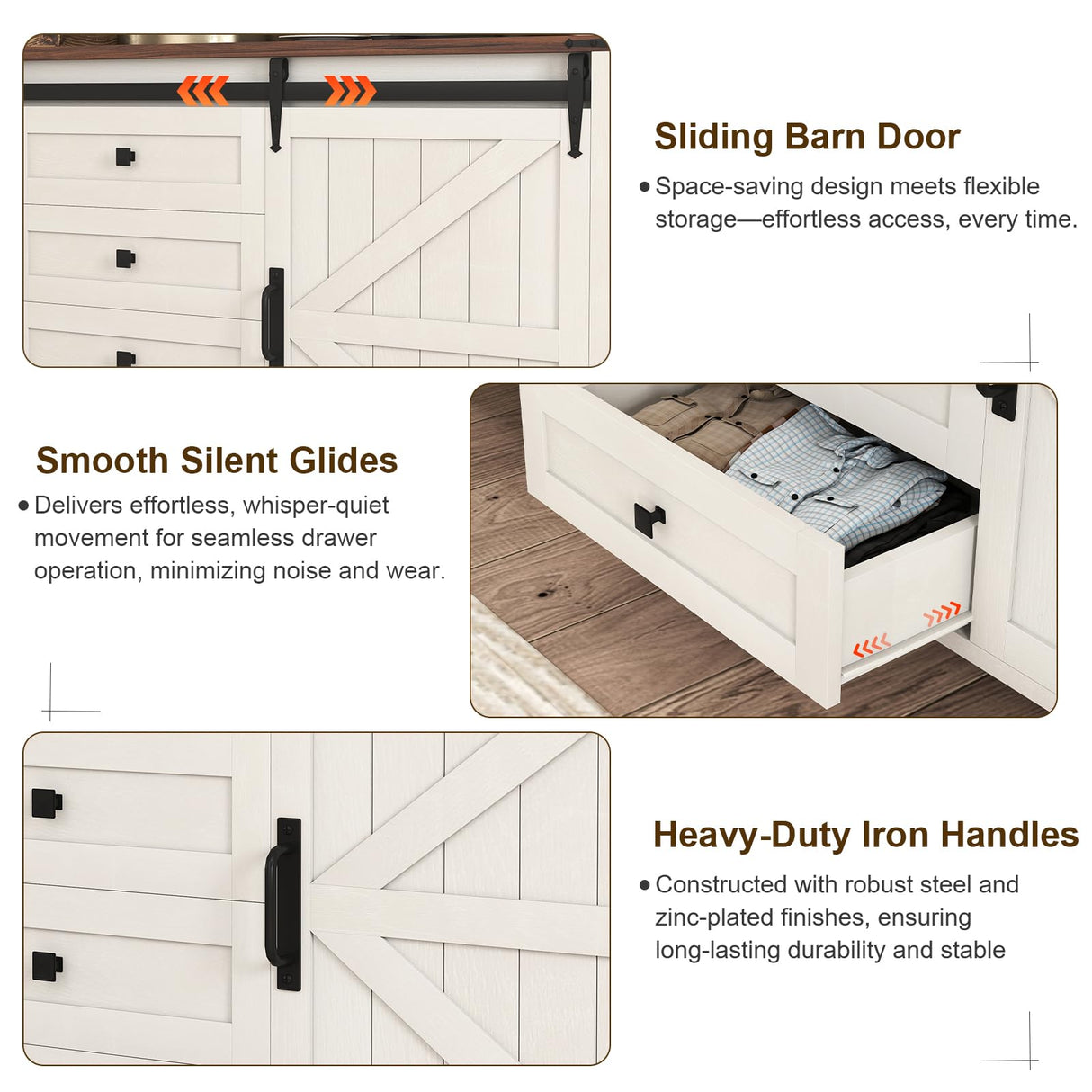 GlouMod 60" Farmhouse Buffet Cabinet with Storage, Sideboard with Shelves and Sliding Barn Door, Neoclassical White Dresser for Bedroom, Coffee Bar Cabinet for Kitchen, Living Room GlouMod