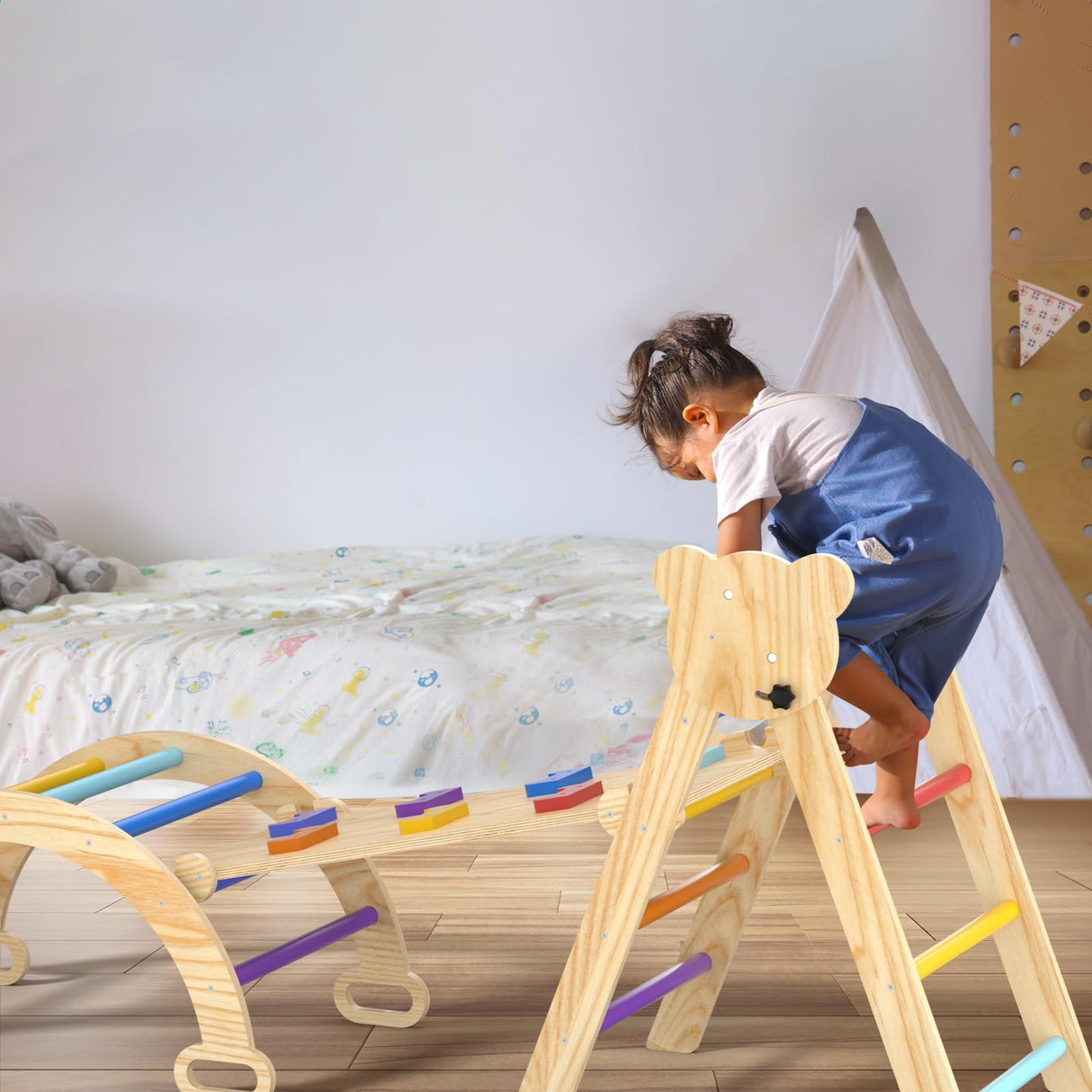 CMFYDAILY 5 in 1 Pikler Triangle Set, Foldable Baby Climbing Gym Indoor Montessori Climbing Set Wooden Toddler Climbing Toys with Arch, Ramp, Ladder CMFYDAILY