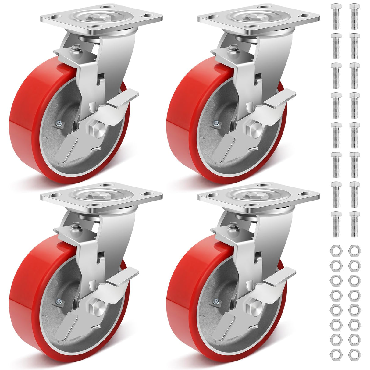 Nefish 6 Inch Heavy Duty Industrial Grade Casters Wheels, Aluminum Core PU Castor Set of 4, Durable Plate Swivel Casters with Brake 5000 LBS, Anti-Corrosion Wheels for Industrial, Equipment Nefish