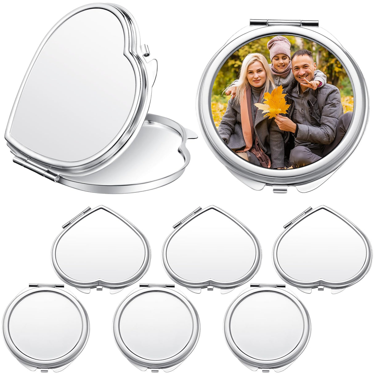 Jetec 6 Pcs Sublimation Blanks Products Small Compact Mirror Bulk Heat Transfer Folding Pocket Makeup Mirror Heart Round Double Sided Handheld Mirror Sublimation Mirror for Women Gift Purse Travel Jetec