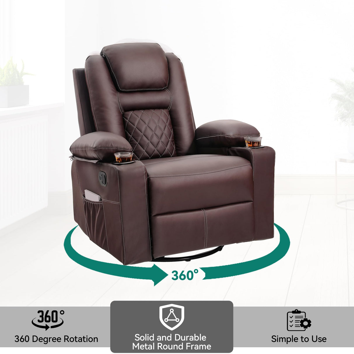 YITAHOME Recliner Chair,PU Rocking Chair for Adults,Swivel Recliner with Cup Holders,Heat and Massage,Single Sofa Seat with Side Pockets for Living Room/Bedroom,Brown YITAHOME