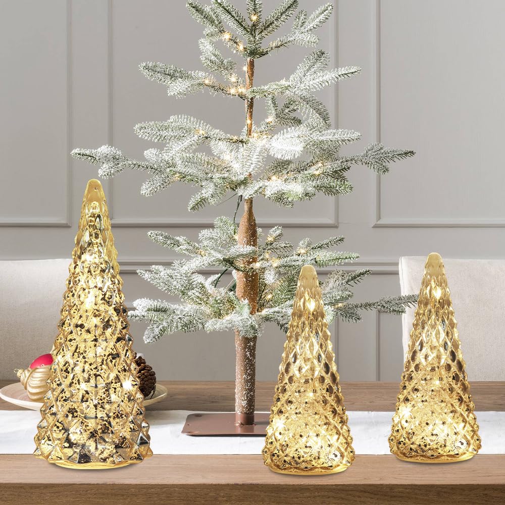 Christmas Decorations Indoor, YEAHOME Set of 3 Pre-lit Gold Glass Christmas Tree for Home Decor, Christmas Table Decorations Lighted Xmas Tree with Timer for Living Room Mantel Tabletop Party YEAHOME