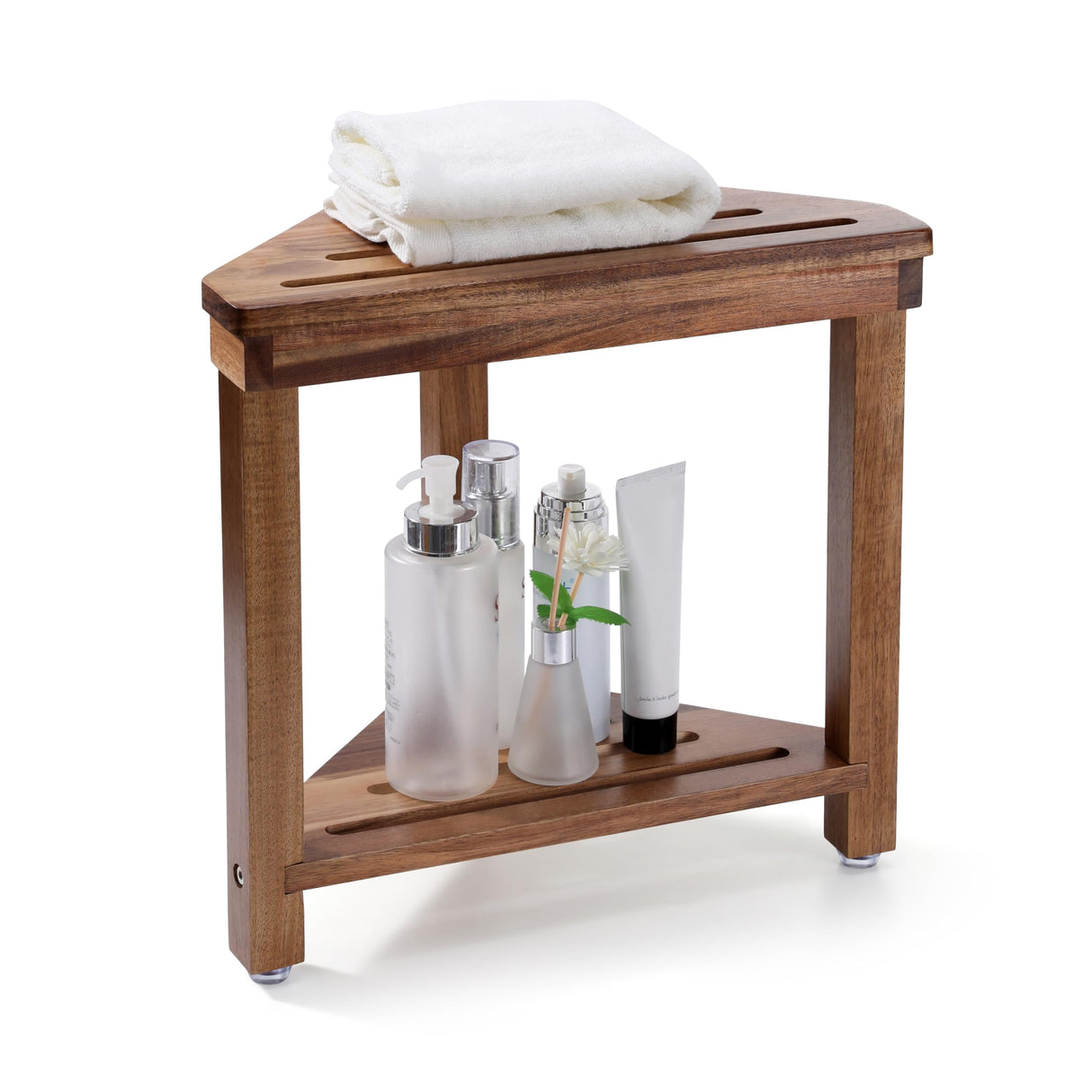 Boulphia Shower Foot Rest 14in, Acacia Wood Shower Stool for Shaving Legs, Waterproof Corner Shower Stool with Storage Shelf for Inside Small Shower Spaces Boulphia