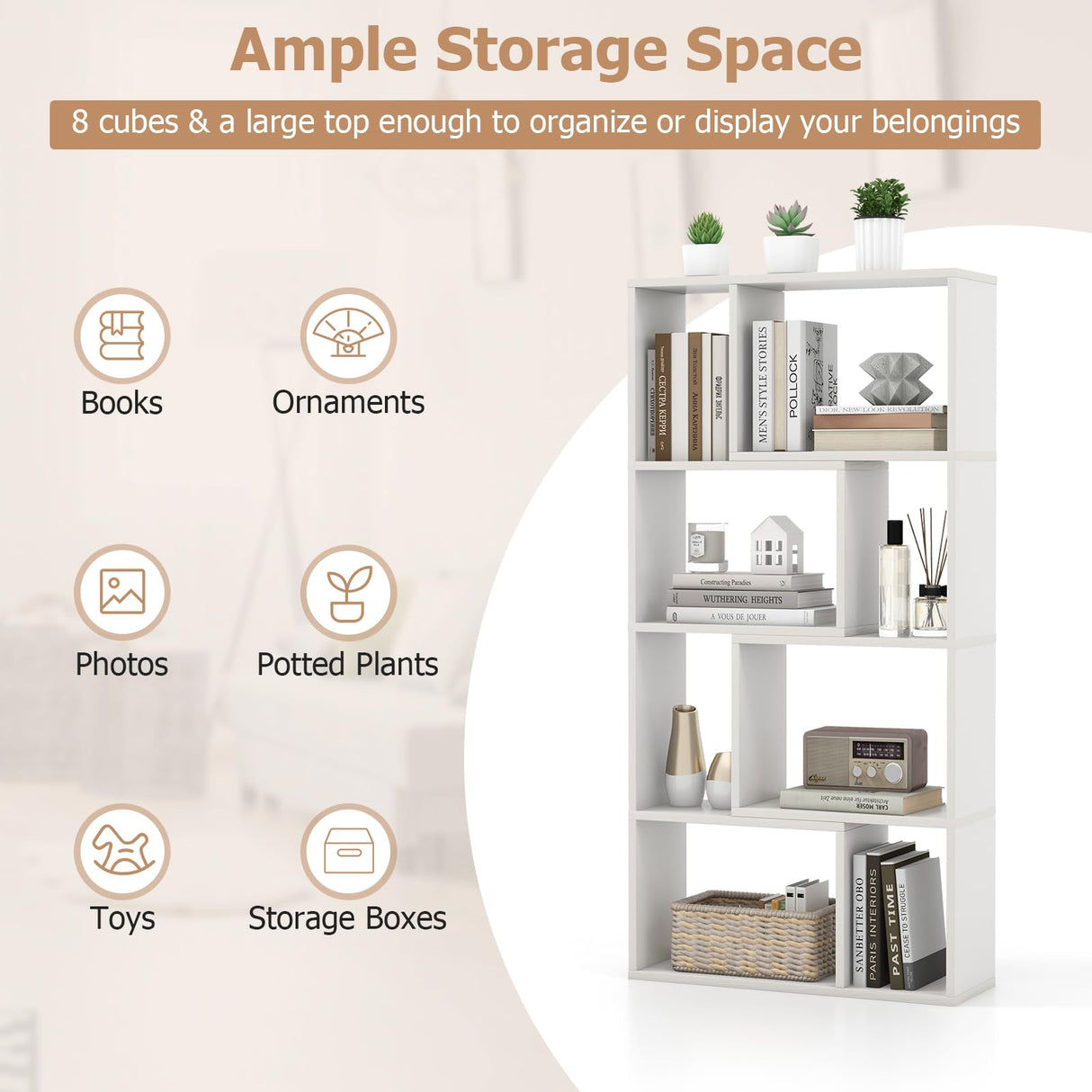 IFANNY Bookshelf, 48’’ Tall Bookcase with 8 Cubes, Small Bookshelf with Storage, Geometric Display Shelf, Wooden Bookshelves & Bookcases, Book Shelves for Bedroom, Living Room, Study (White) IFANNY