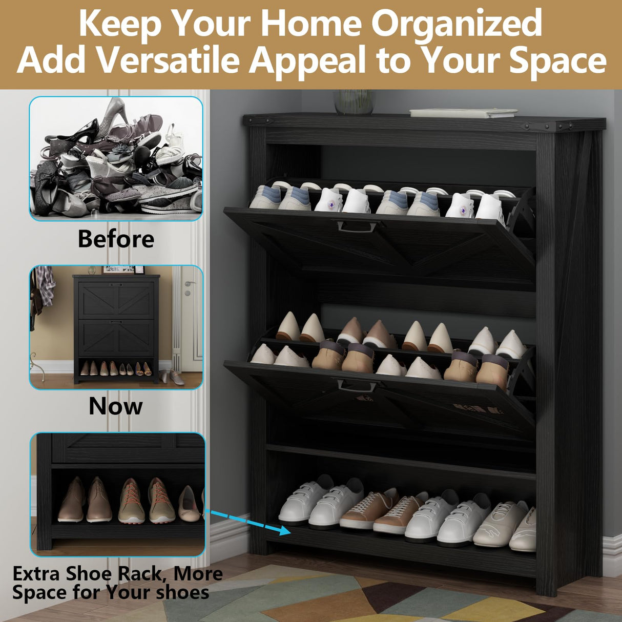 Loomie Farmhouse Shoe Cabinet,Free Standing Tipping Bucket Shoe Rack Organizer with 2 Flip Drawers,Entryway Narrow Shoe Storage with Storage Cubby,Modern Slim Hidden Shoe Cabinet with Doors, Black Loomie