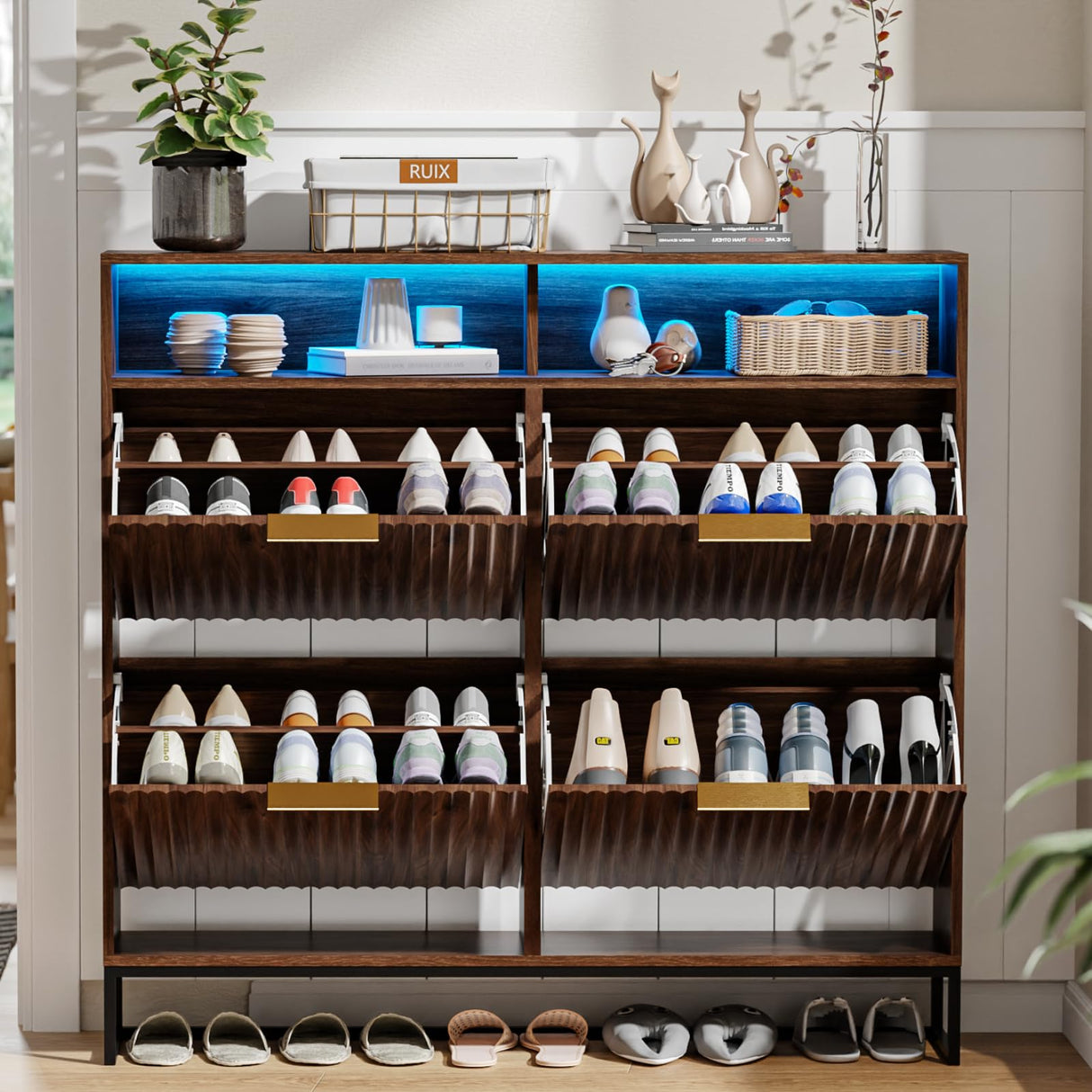 VINGLI Fluted Shoe Cabinet Storage for Entryway,Hidden Shoes Storage Cabinet with 4 Flip Drawers, Mid Century Modern Shoe Rack with LED Light,Shoes Organizer with Cubby for Hallway(Dark Walnut) VINGLI