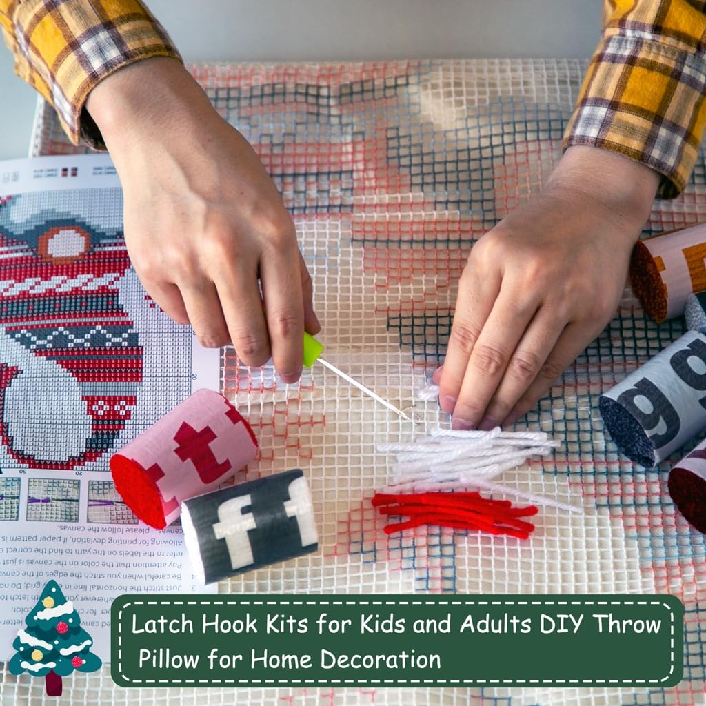 Latch Hook Kits Pillow Christmas Hat Crochet Yarn Cushion Colour Pre-Printed Canvas Rug Needlework DIY Pillowcase Hook and Latch Kit Home Arts Crafts Sofa Decoration 42x42cm/16X16inch DL-YTG