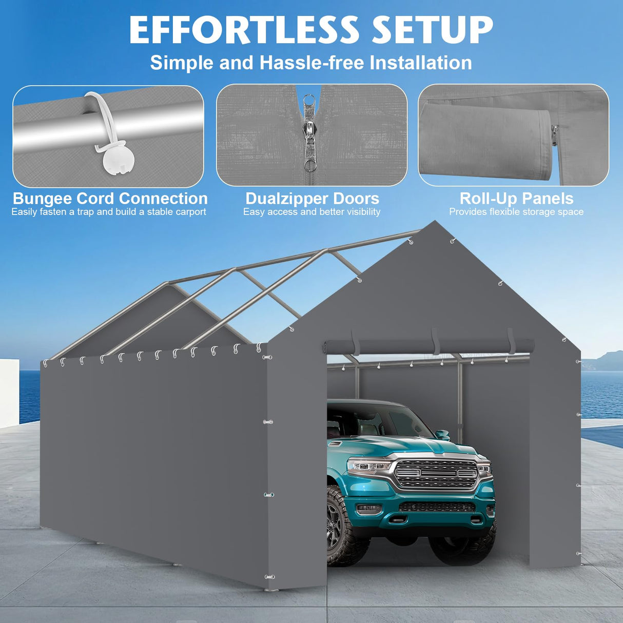 Carport Replacement Canopy Cover Sidewalls for 10x20x9.35FT Frame, Heavy Duty Garage Car Tent Shelter Tarp with Ball Bungees, Waterproof & UV Protected (Frame is not Included) (Grey) Yustuf