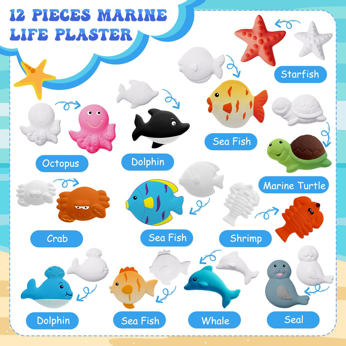 Janlaugh 22 Pcs Ocean Animals Ceramic Painting Kit with 10 Washable Markers Sea DIY Animals Ceramic Figurines to Paint, Paint Your Own Dolphin Octopus Turtle Starfish Seal Whale Toy Crafts for Kid Janlaugh