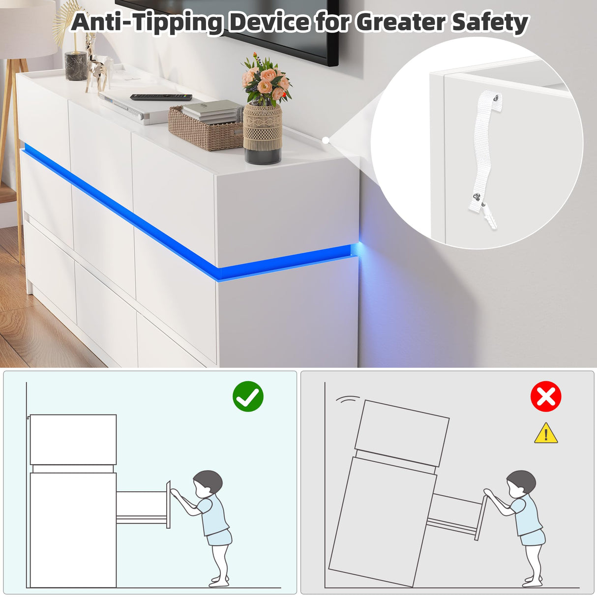 OTUTUMUS White Dresser of 9 Drawers - 61” Wide Chest of Drawer Organizer, Modern TV Stand Storage Cabinets with Large Wood Drawers for Bedroom, Living Room, Entryway, Hallway OTUTUMUS