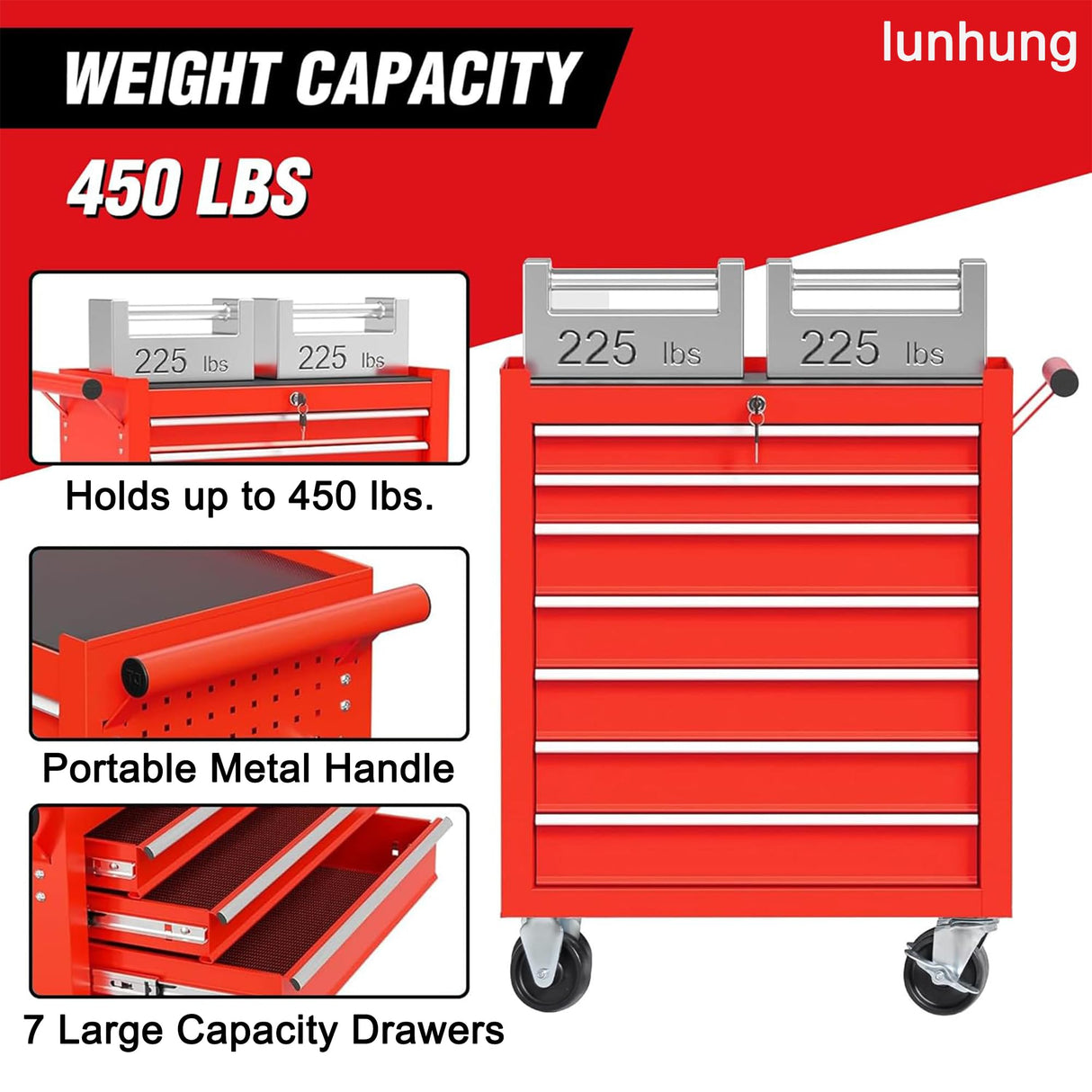 lunhung 7 Drawers Metal Rolling Tool Chest on Wheels, Tool Storage Cabinet Metal Tool Box with Lock, Multifunctional Drawers Rolling Tool Cart for Garage, Warehouse, Workshop, Repair Shop (Red) lunhung