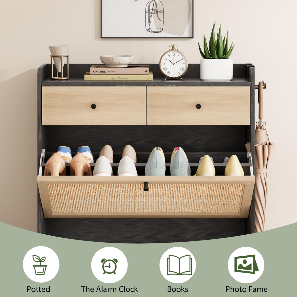 Jocoevol Rattan Shoe Cabinet Storage with 2 Flip Drawers & 2 Drawers, Freestanding Narrow Wood Shoe Cabinet with Metal Legs for Entryway Hallway, Light Black Jocoevol